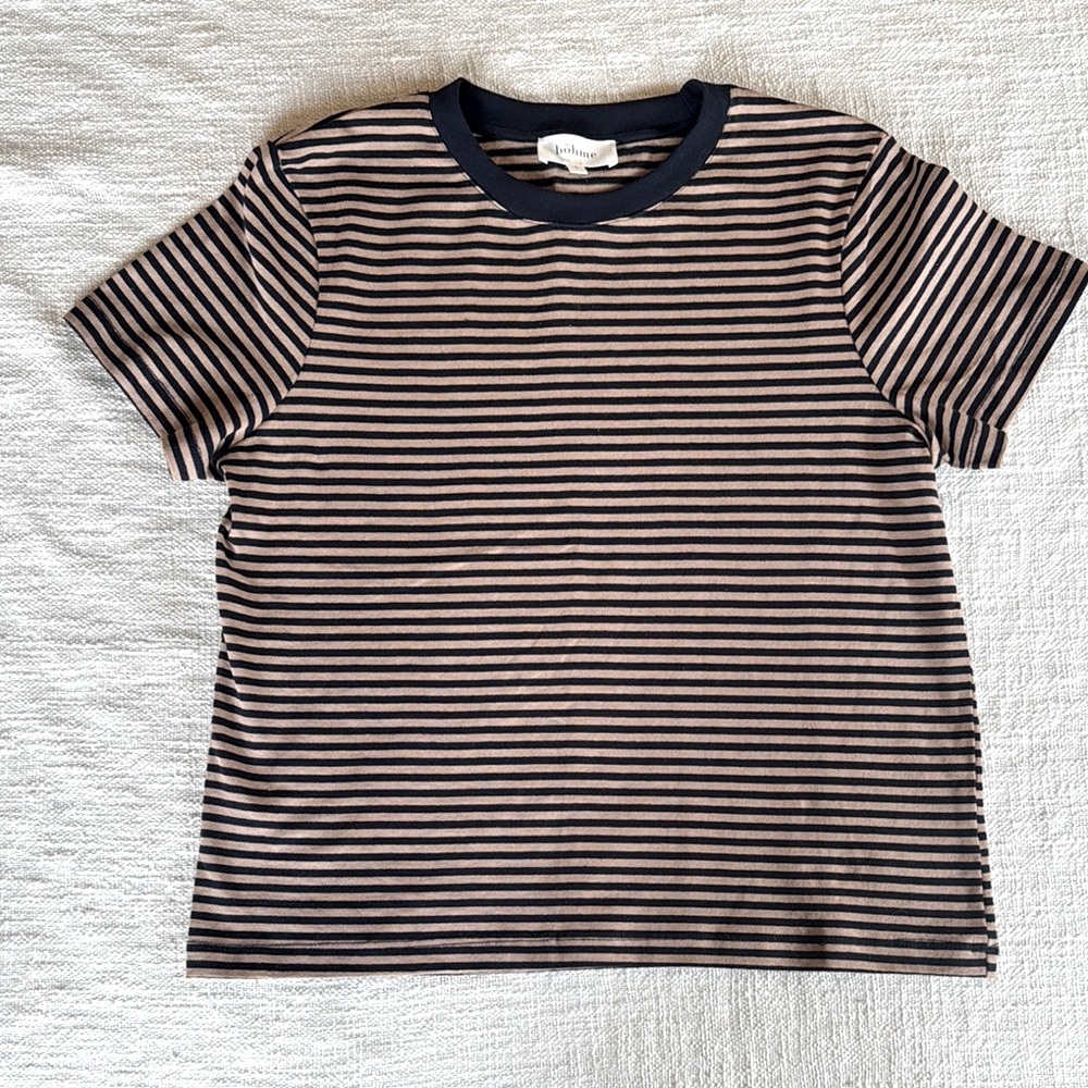 EUC Böhme Navy and Brown Striped Short Sleeve Tee